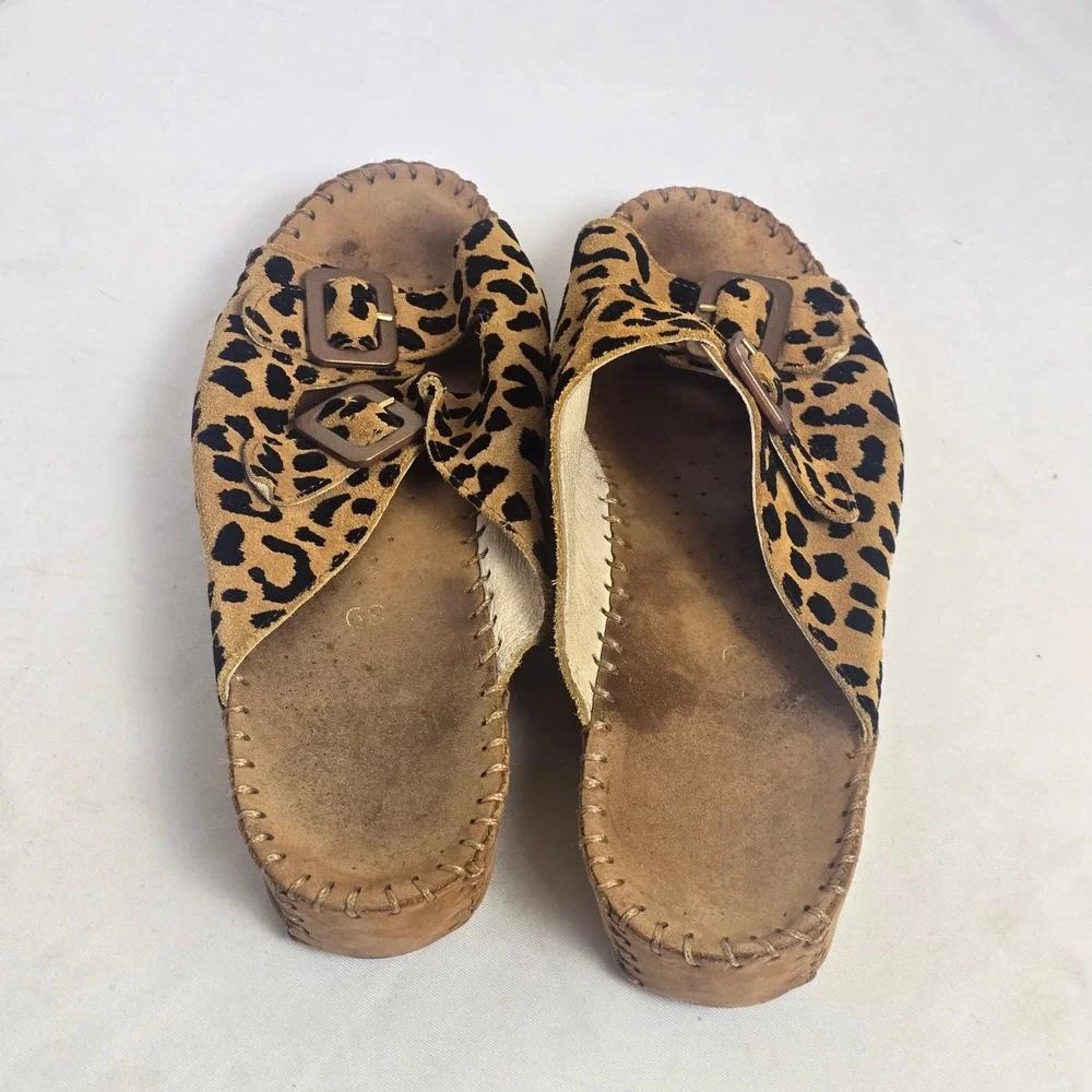 La Plume Leopard Print Double Buckle Platform Slide Sandals Tan Brown  Print 39